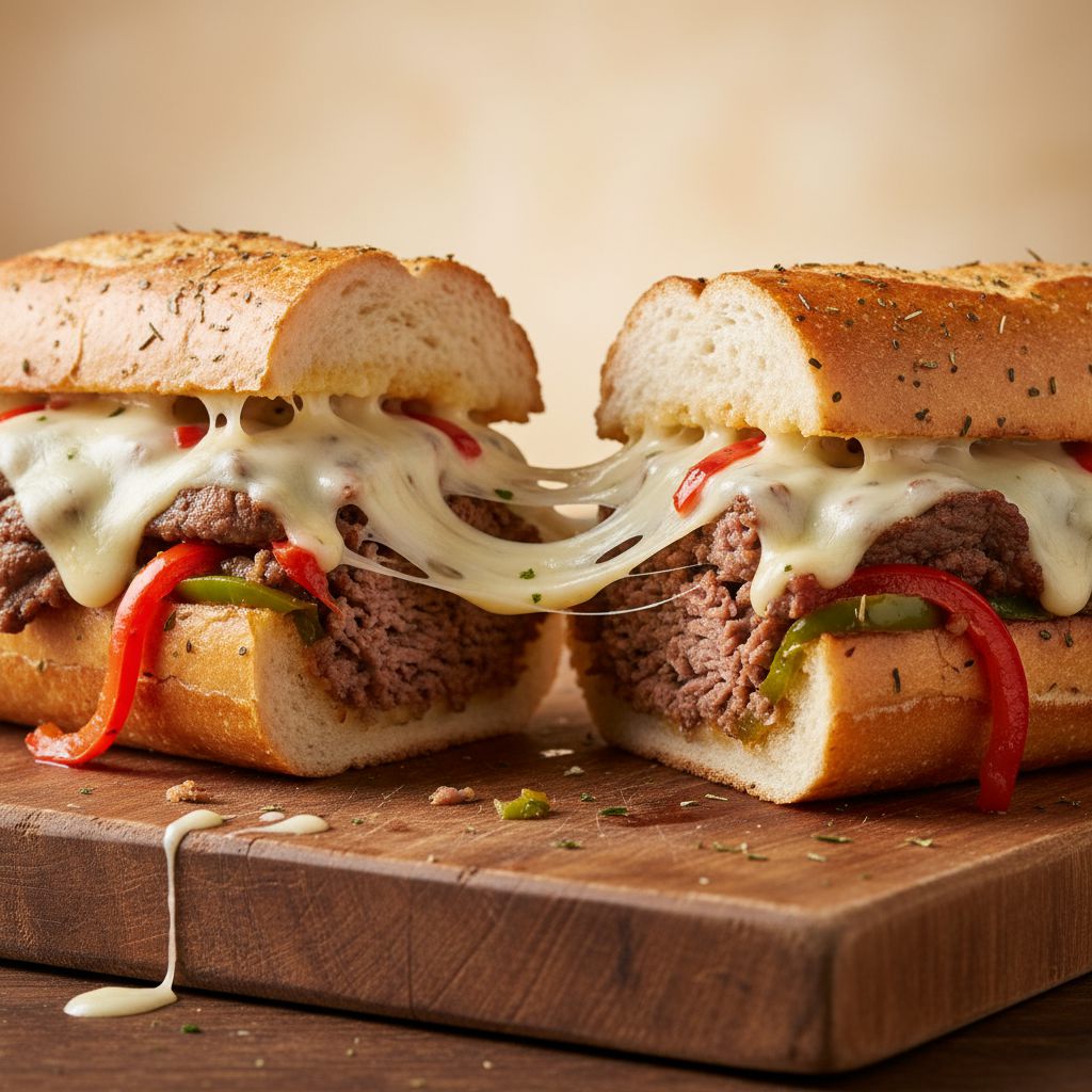 A cheesesteak cut in half with the cheese pulling between the two sides
