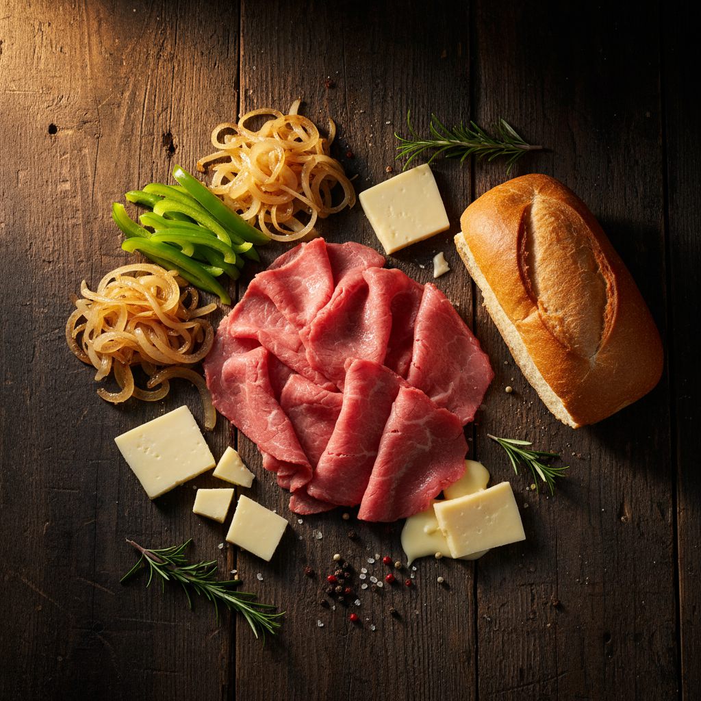Thin-sliced ribeye with butter, onions, and a fresh roll on a dark board