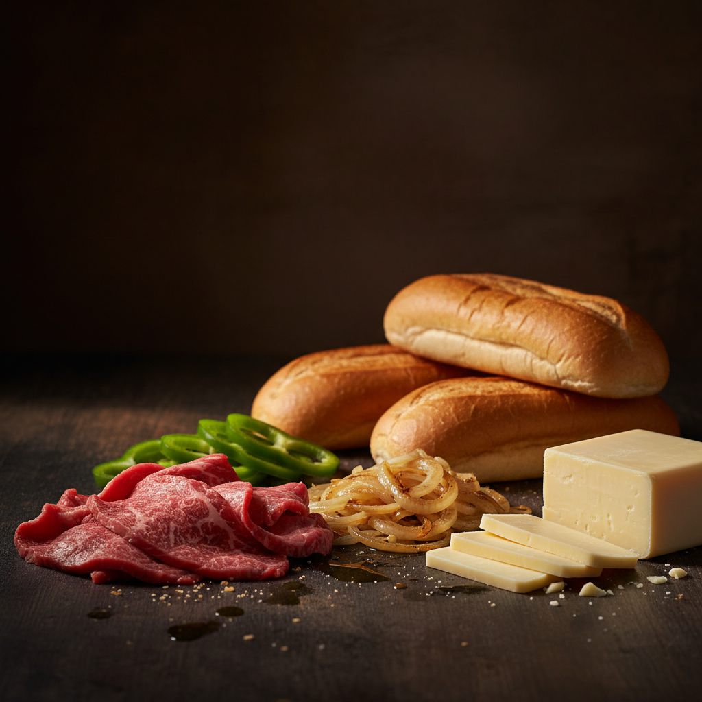 Fresh bread, cheese, raw ribeye, and green peppers laid out before prep